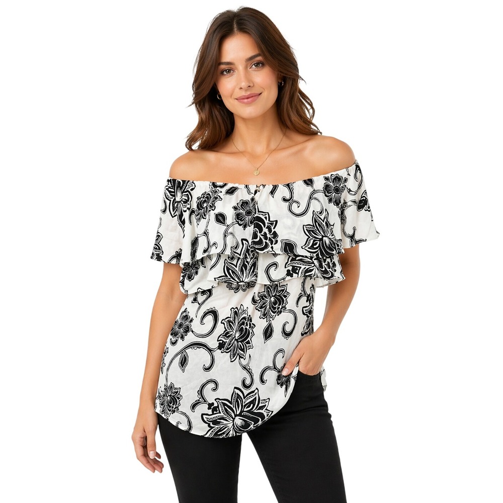 White House Black Market Silk Off Shoulder Ruffle Floral Blouse Black White Med